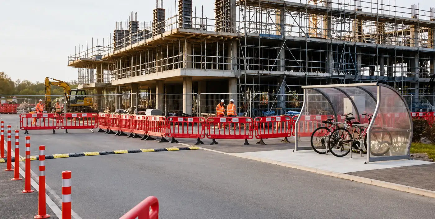Site safety barriers, bollards and speed bumps on a construction site