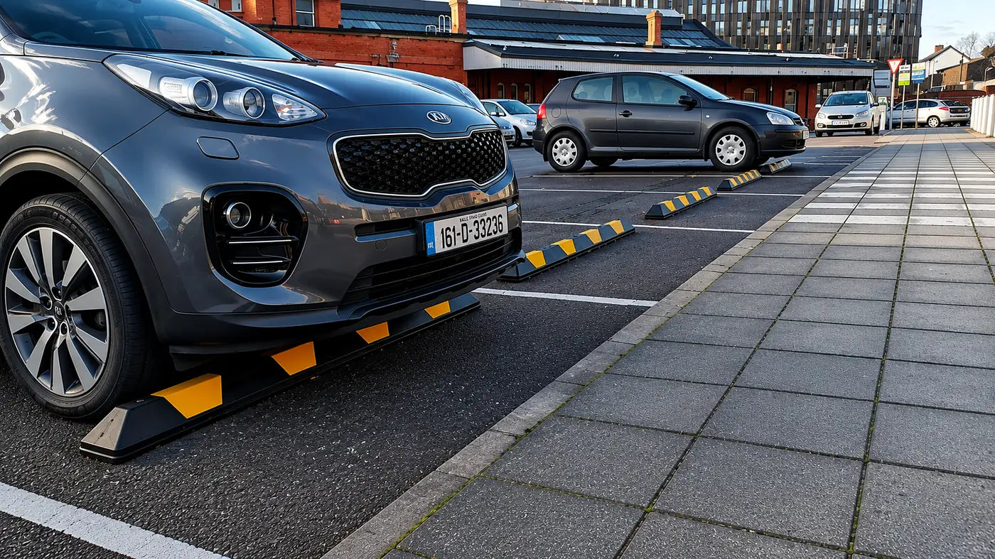 Car parked against a wheel stop in a parking lot