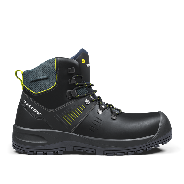 Modern midcut safety boots with fiberglass toe cap and slip-resistant outsole