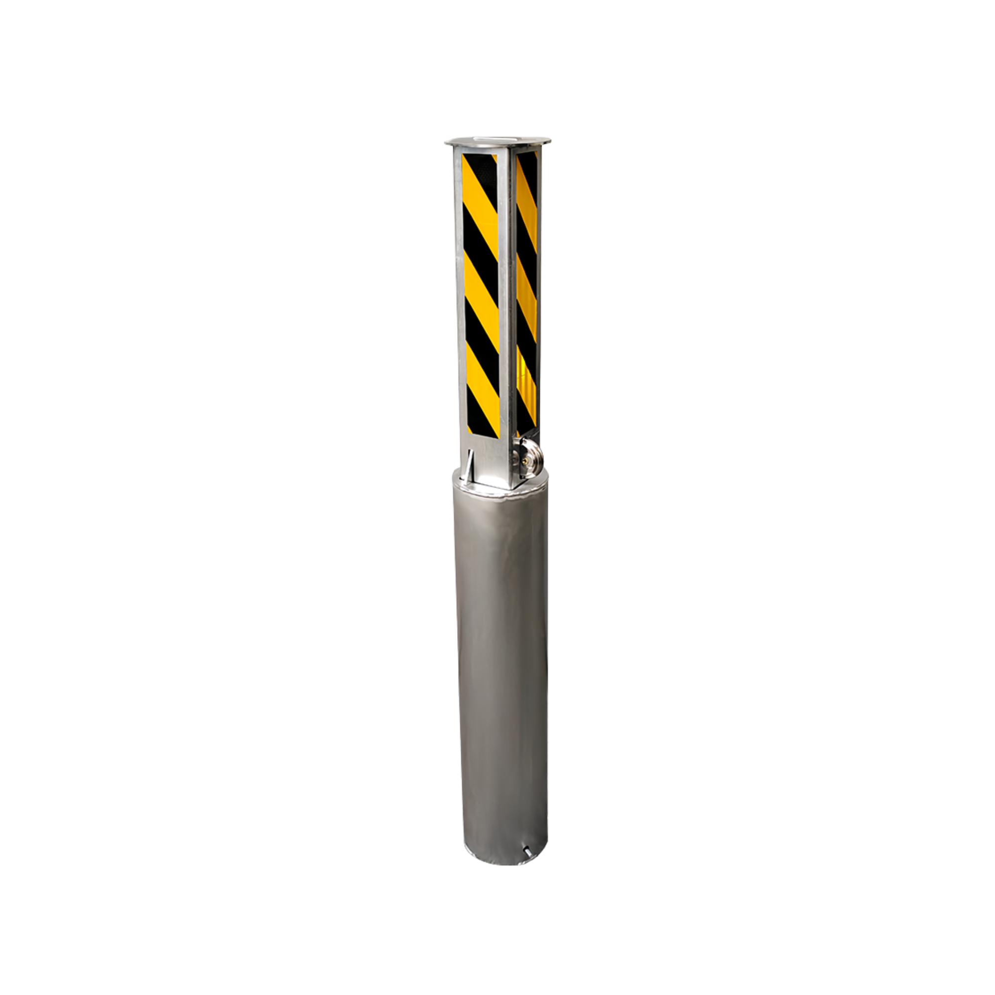 Bollard with a striped warning pattern on a white background