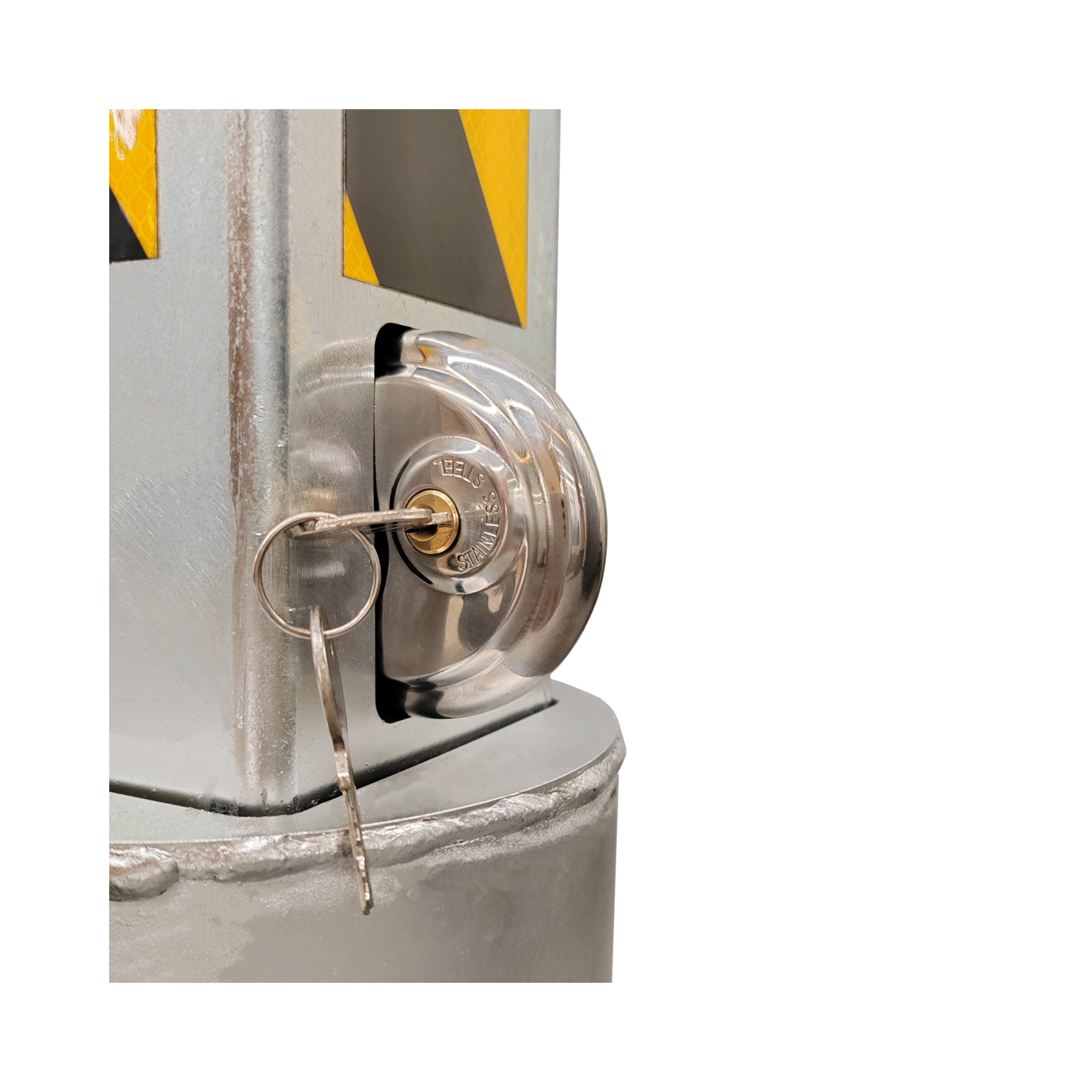 Close-up of a metal lock mechanism with a key inserted, on a white background.