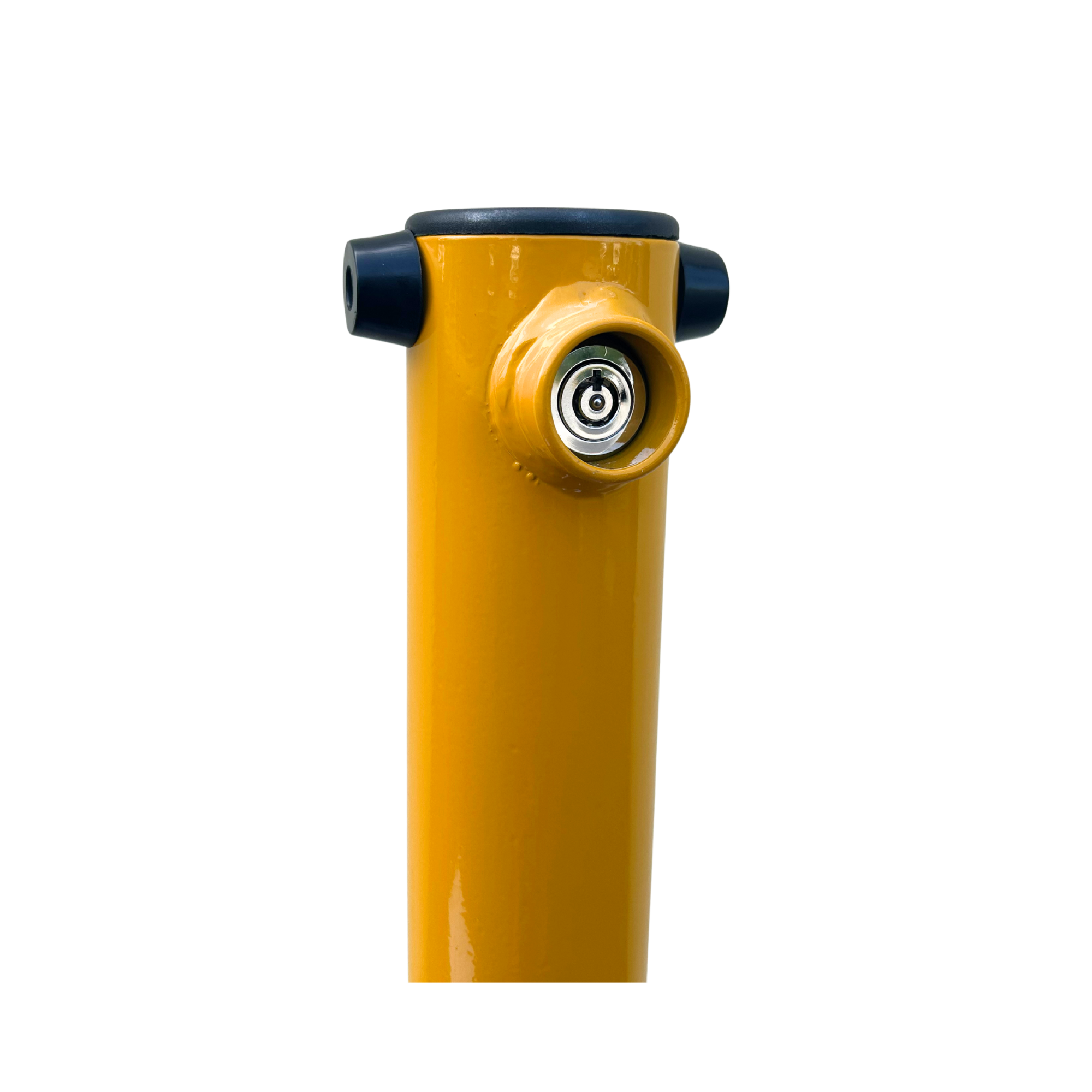 Yellow cylindrical object with black and silver components on a white background