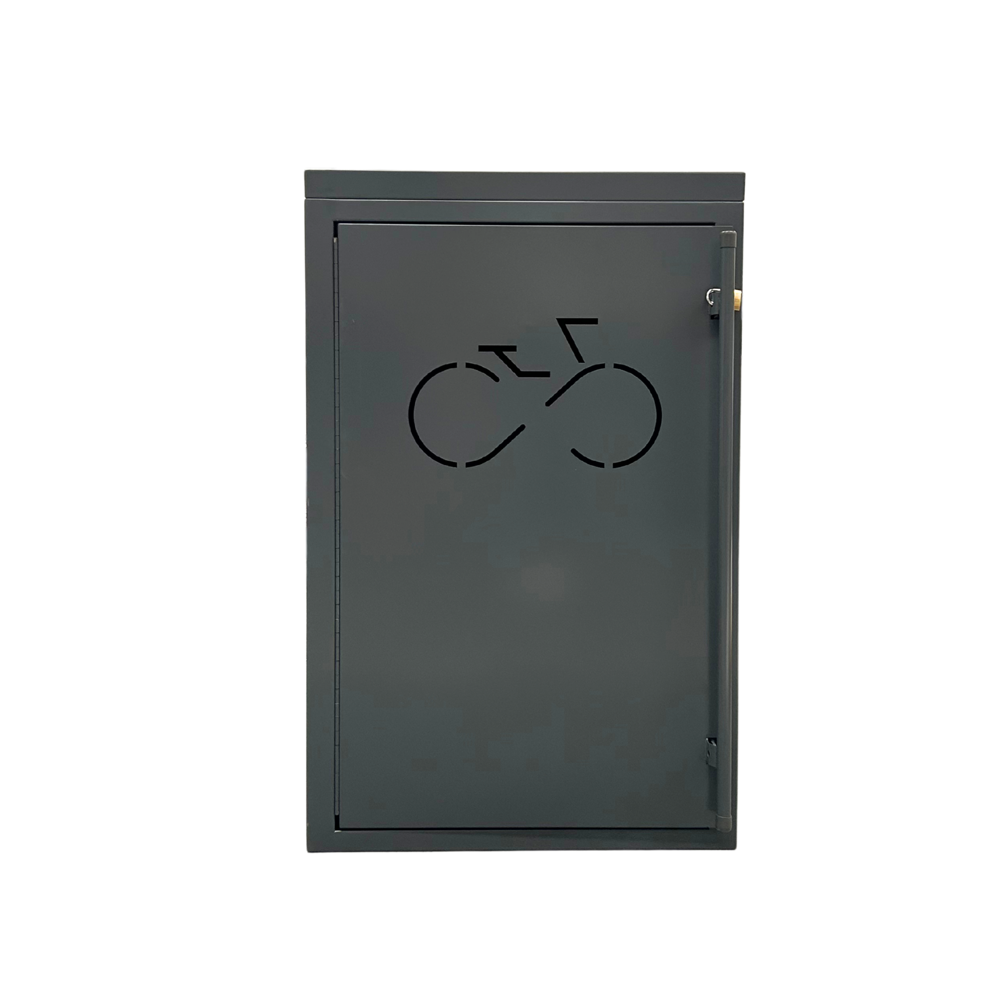 Black metal bike lock box with bicycle symbol on a white background