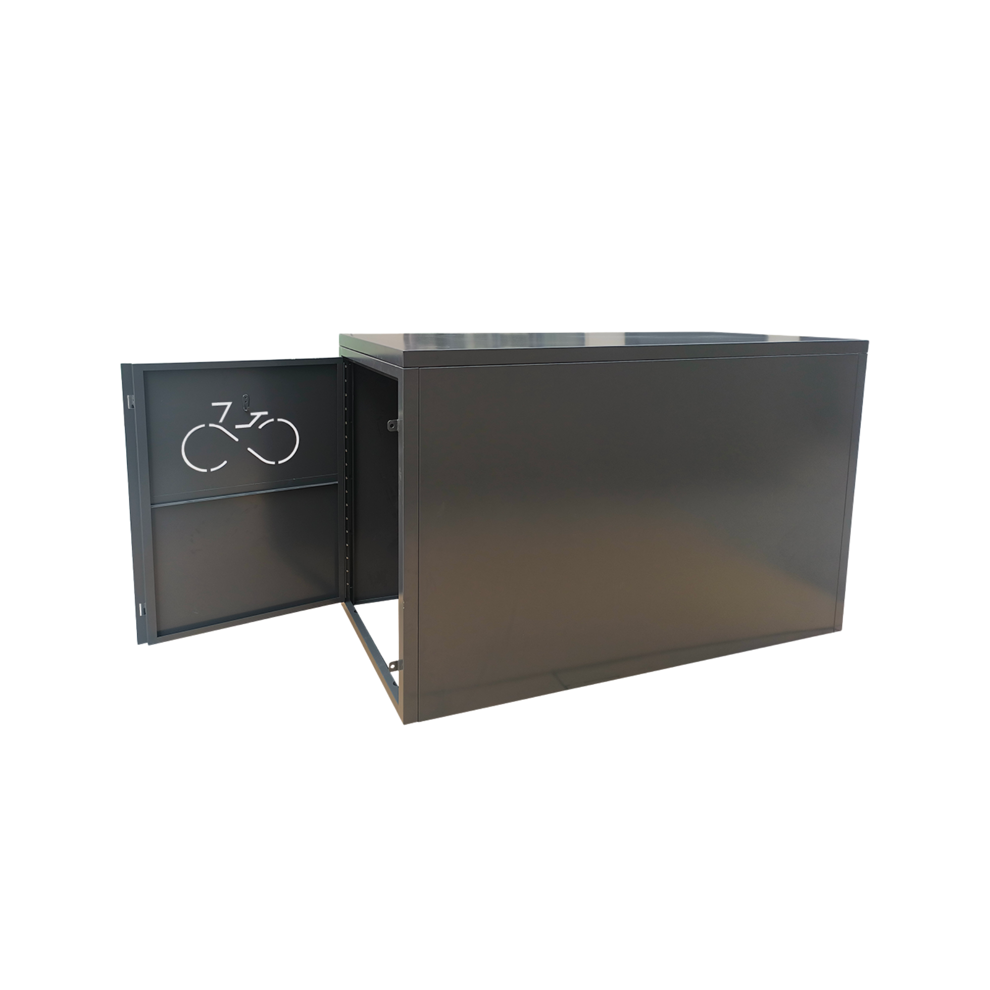 Black metal storage box with a lid featuring a bicycle icon on a white background