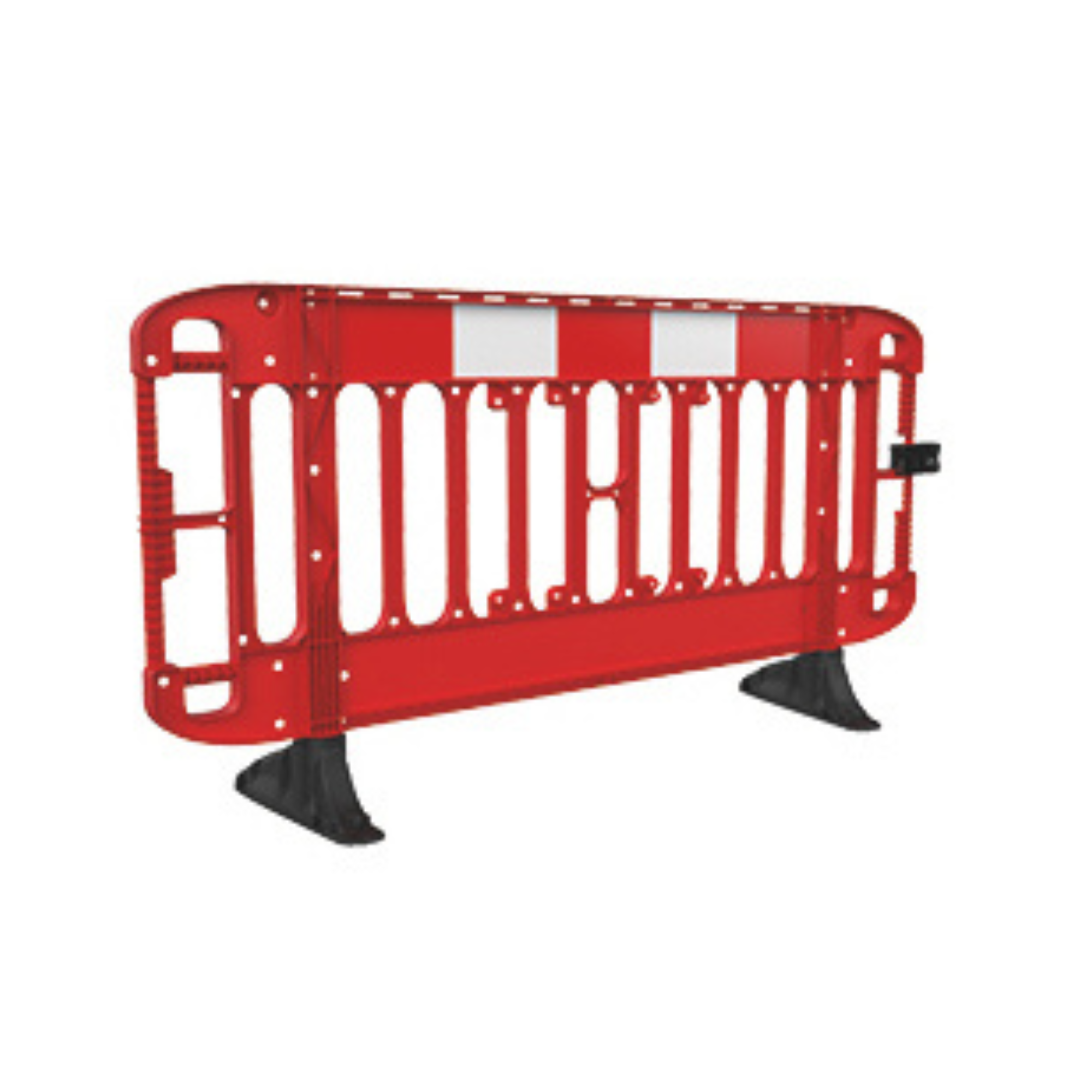 Red traffic barrier with white stripes on a white background
