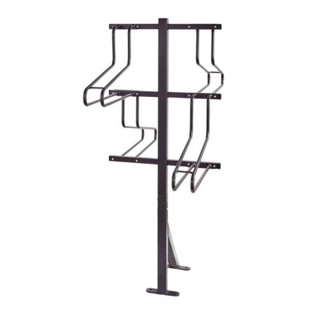 Black metal bike rack on a white background