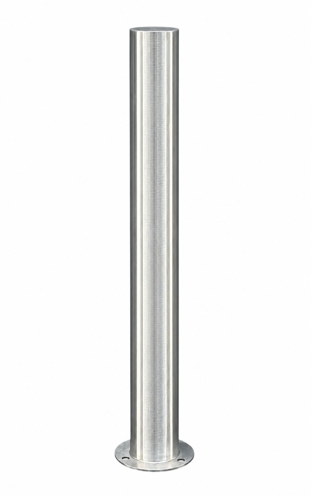 A brushed stainless steel cylindrical bollard post with a circular base, shown on a plain white background.