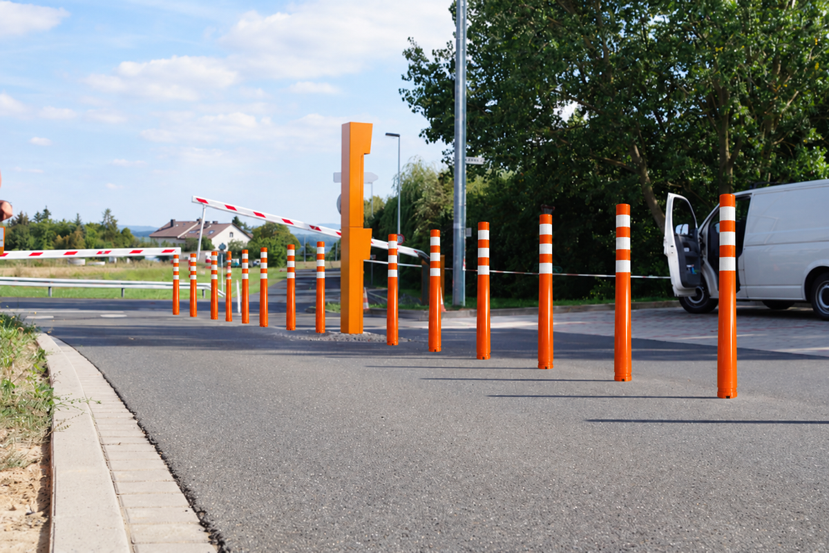 A row of orange bollards with white reflective stripes lining a paved road, with a red-and-white striped barrier and a white van parked nearby in an outdoor setting.