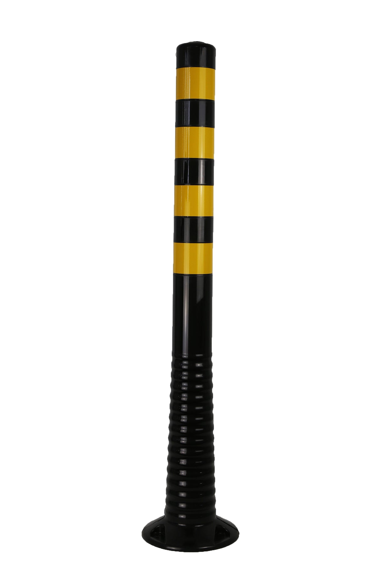 A FlexBrite Flexible Bollard with black and yellow color bands and reflective yellow stripes.
