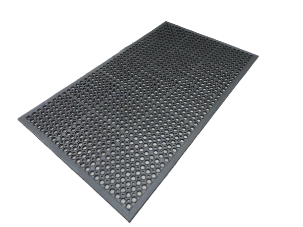 A black rubber mat with a textured surface featuring circular patterns and beveled edges.