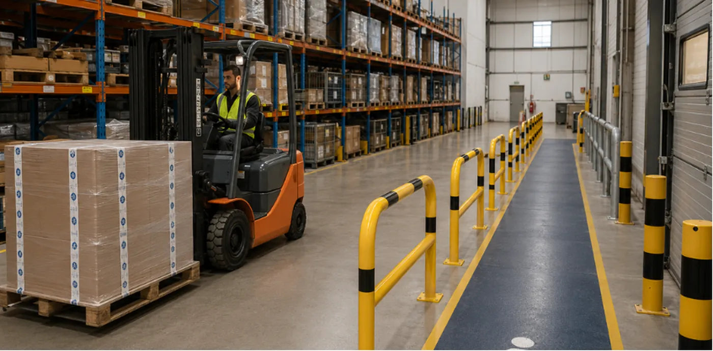 Warehouse safety barriers protecting pedestrian walkways from forklift traffic