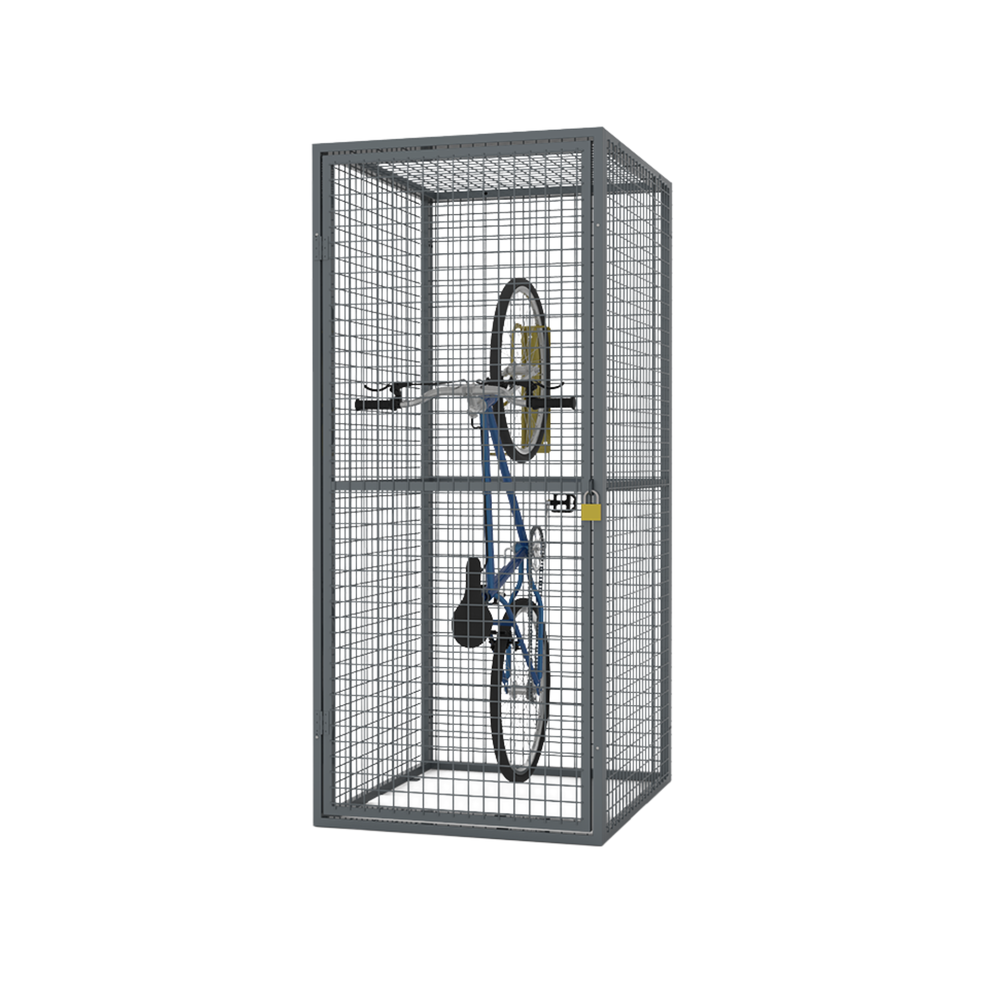 Metal wire cage with a bicycle inside on a white background