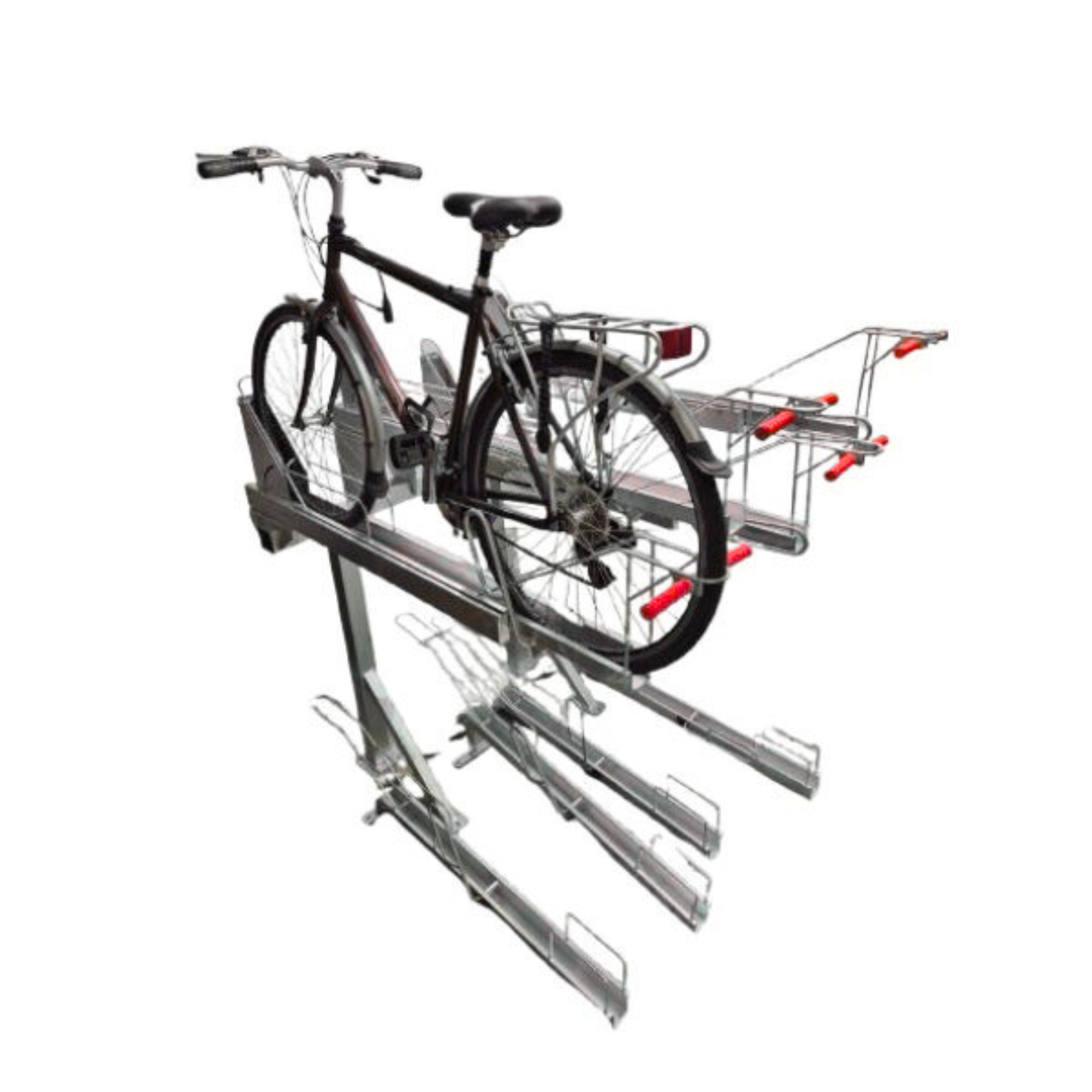 Two Tier Bicycle rack with a bike on a white background