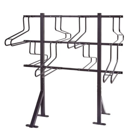 Black metal bike rack with multiple hooks on a white background
