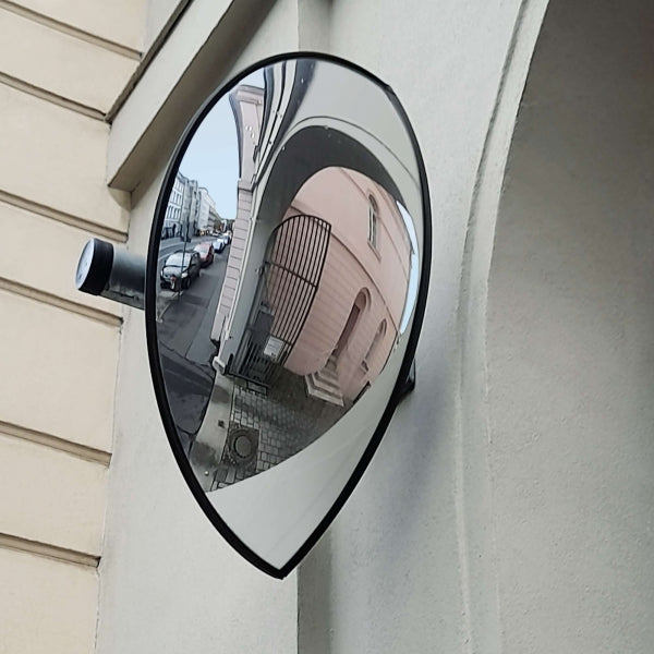 Panoramic mirror vertically mounted to show entrance
