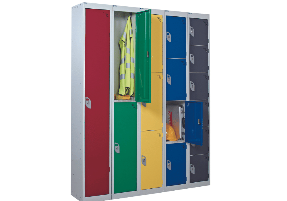 Different coloured lockers in all sizes joined together