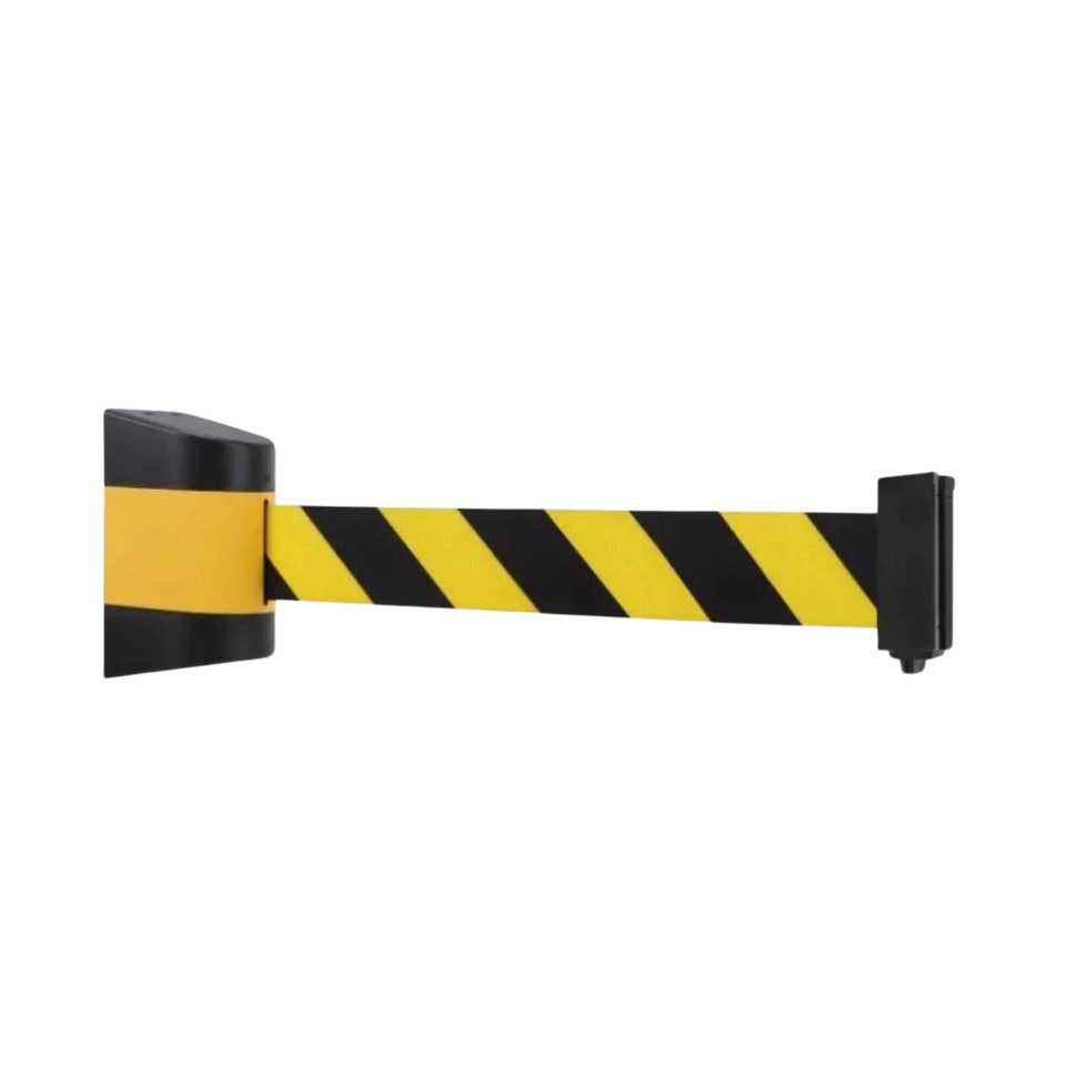 Barrier tape with black and yellow stripes on a white background