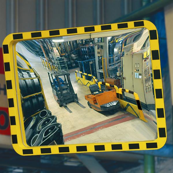Industrial convex mirror showing danger