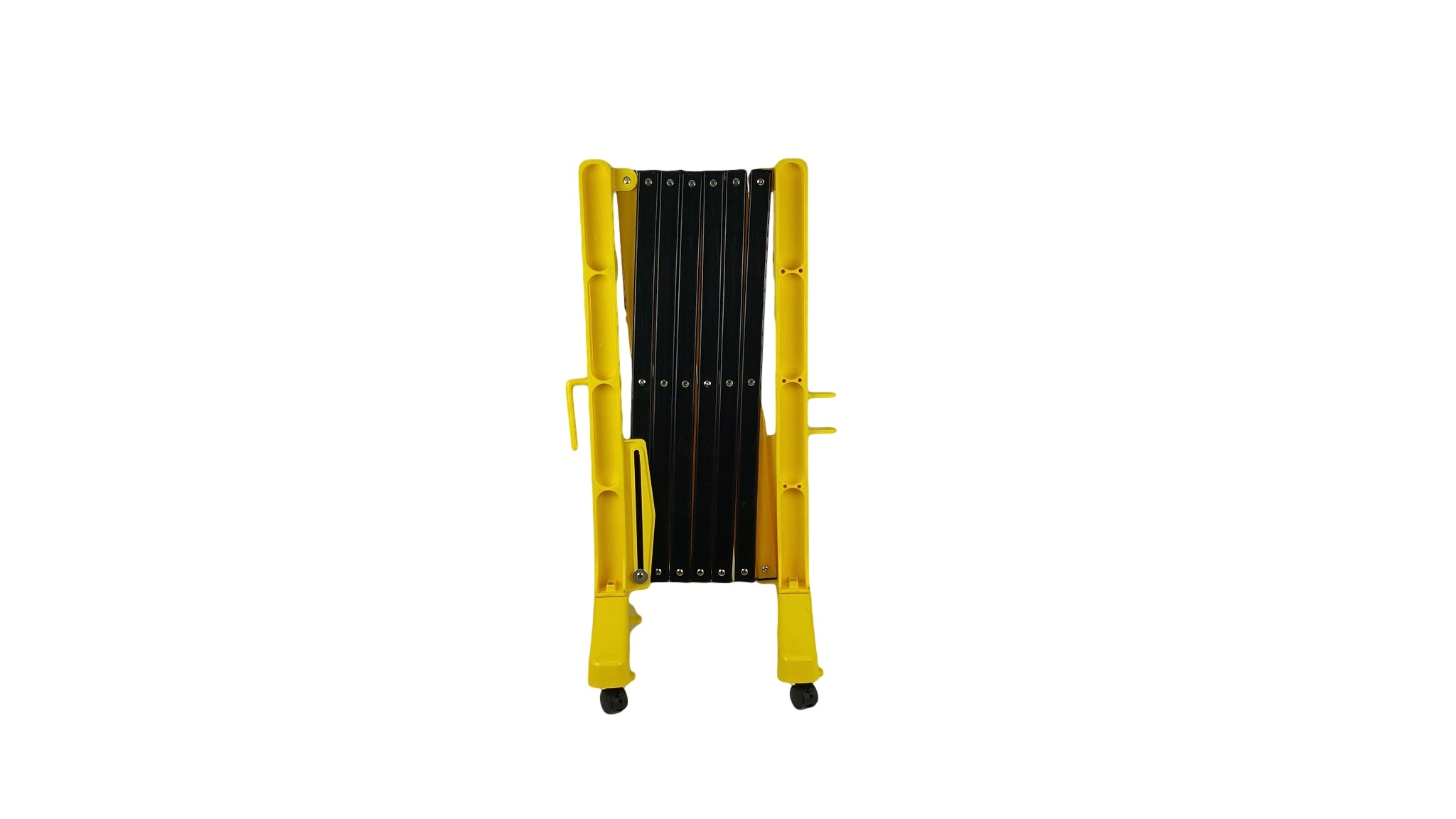 A flat-packed, detachable yellow and black expandable barrier with visible castors and brakes.